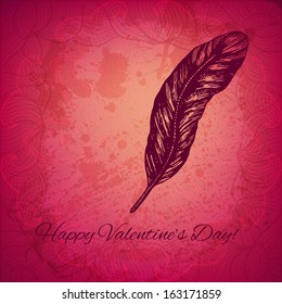 Artistic vector valentine background with ink style hand drawn feather