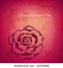 Artistic vector valentine background with ink style hand drawn rose flower