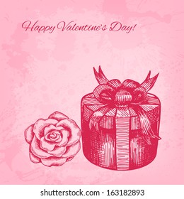 Artistic vector valentine background with ink style hand drawn rose and gift box
