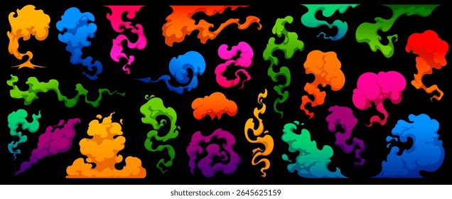 Artistic vector of vibrant colored smoke swirling as mist and vapor. Ideal for backgrounds, posters, and digital compositions where fluid abstract motion and gradient textures bring depth and energy.