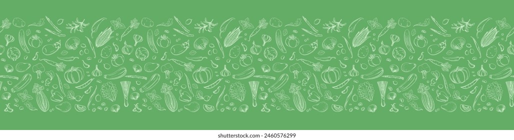 Artistic Vegetable Sketches border Background for Eco-Friendly Designs. Seamless pattern vector illustration. White and green