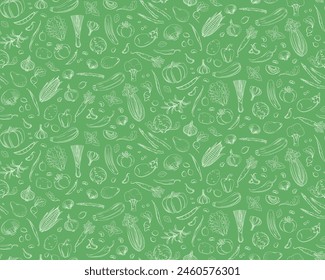 Artistic Vegetable Sketches Seamless Background for Eco-Friendly Designs. Seamless pattern vector illustration. White and green