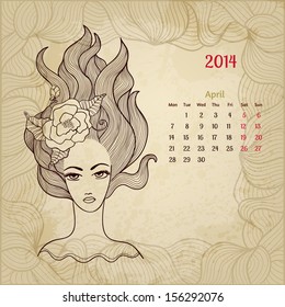 Artistic vintage calendar for April 2014. "Woman beauty" series.