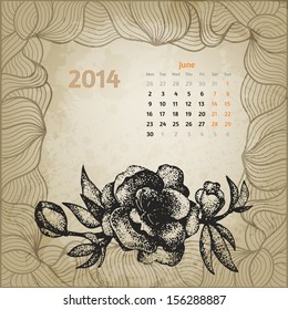Artistic vintage calendar with ink pen hand drawn cherry blossom for June 2014. Second variant template. One card of botanical series calendar.