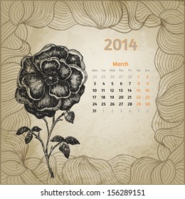 Artistic vintage calendar with ink pen hand drawn flower for March 2014. One card of botanical series calendar.