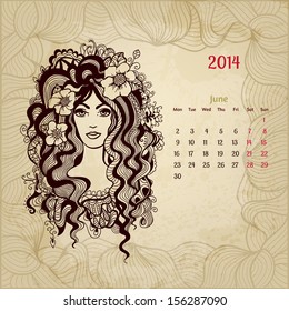 Artistic vintage calendar for June 2014. "Woman beauty" series.