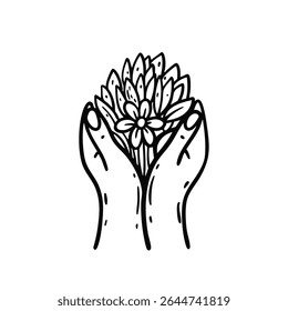 Uma representação artística e visualmente deslumbrante mostrando as mãos suavemente e carinhosamente carregando um buquê de flores florescendo