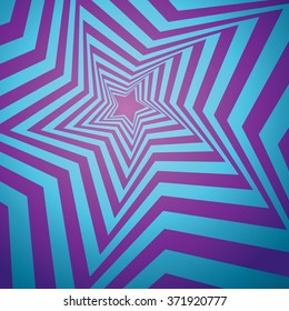 Artistic vivid five-pointed midpoint shape optical illusion op form tracery template. Twirled vibrant cyan fond with lilac lines for greeting card, cheerful feast of United States with space for text