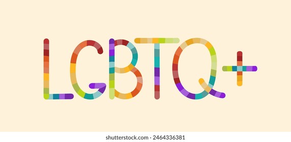 Ein künstlerisch anschaulicher Schriftzug, der LGBTQ buchstabiert, mit einem farbenfrohen, ineinander greifenden Design mit verschiedenen Formen und Farbtönen auf beigem Hintergrund, der die vielfältige LGBTQ-Community repräsentiert.