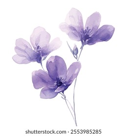 Artistic watercolor depiction of three purple flowers with delicate petals and thin stems, capturing natural elegance and simplicity.
