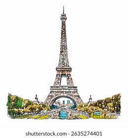 Artistic Watercolor Eiffel Tower Landmark Illustration and Parisian Cityscape View