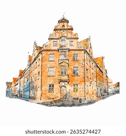 Aquarela Artística Arquitetura Histórica em Gdansk Polônia Cityscape Illustration
