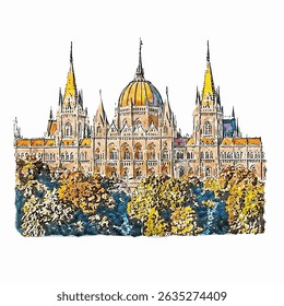 Artistic Watercolor Hungarian Parliament Building Budapest Landmark Architecture