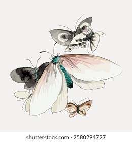 Artistic watercolor illustration of butterflies. Delicate butterflies with soft pastel colors. Butterflies in flight, showcasing elegant wings and natural beauty. Vintage butterfly illustration vector