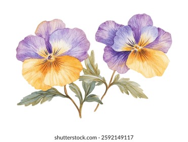 Artistic watercolor illustration of two vibrant pansy flowers in purple and yellow with green leaves. Perfect for prints, decor, and stationery