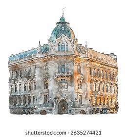 A impressão artística da aquarela da grande fachada de edifício da arquitetura europeia