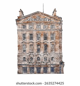 Pintura Artística em Aquarela da Fachada Clássica de Construção de Arquitetura em Londres