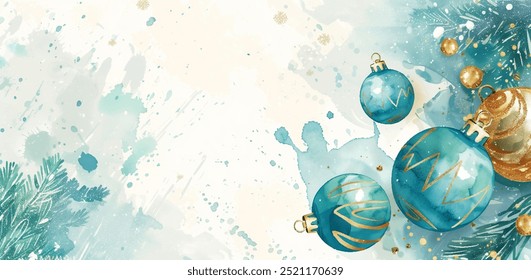 Artistic watercolor painting with festive spirit of Christmas with vibrant colors and sparkling details. Collection of blue and gold ornaments with tinsel hanging vector design