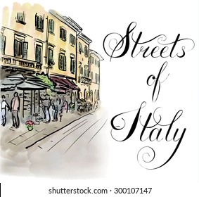 Artistic watercolor sketch of street in Italy