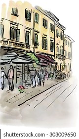 Artistic watercolor sketch of street in Italy