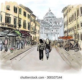 Artistic watercolor sketch of street in Pisa, Italy