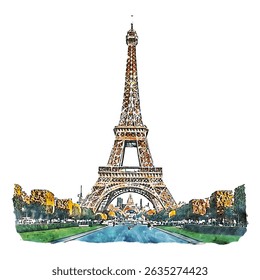 Artistic Watercolor Style Eiffel Tower Landmark in Paris City Illustration