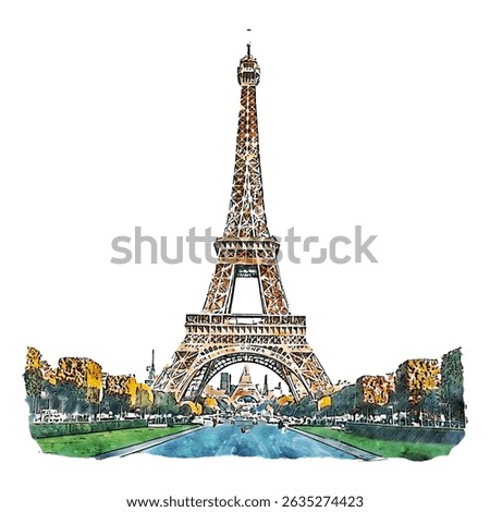 Artistic Watercolor Style Eiffel Tower Landmark in Paris City Illustration