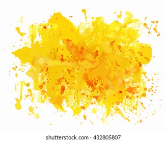 Artistic watercolor yellow background texture with splashes of paint; abstract grunge paint stain, scalable vector graphic, isolated on white; vibrant design background with a  place for text