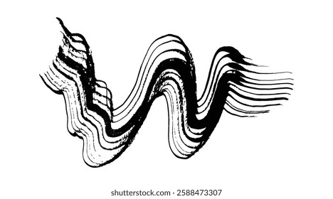 Artistic wavy grunge textured vector black ink brush stroke border. Abstract curve dynamic isolated grunge paintbrush for texture design, abstract sound wave background, striped mascara, ribbon