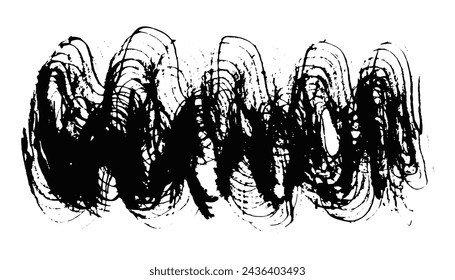 Artistic wavy textured vector black ink brush stroke border. Mysterious curve dynamic isolated grunge paintbrush for texture design, abstract sound wave background, mascara banner decor