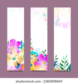 Artistic website banner set decorated with colorful watercolor flowers.