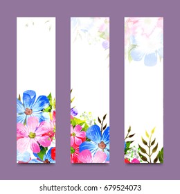 Banner artístico de sitios web decorado con flores color de agua rosa y azul.