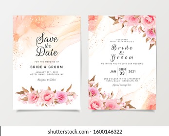 Artistic wedding invitation card template set with flower decorations. Peach roses with fluid background with gold glitter.  