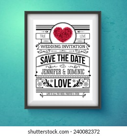 Artistic Wedding Invitation Concept Design on Frame Hanging on Blue Green Wall. Emphasizing Save the Date Texts.