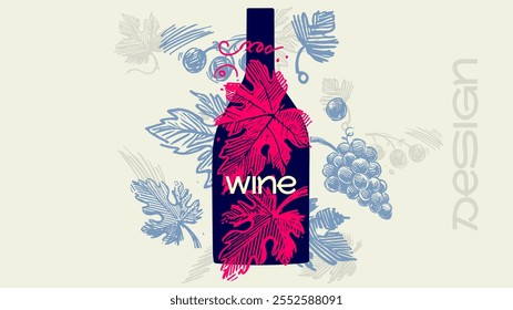 Artistic wine bottle design with intricate grape and leaf patterns, representing a classic yet creative take on wine aesthetics with a modern flair.