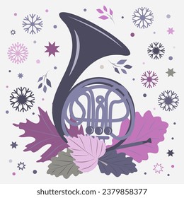 Artistic  winter illustration with the french horn and snowfkakes. For music magazines; banners; concert banner template; country music, rock performance, invitation cards