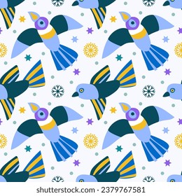 Künstlerisches Wintermuster mit Vögeln und Schneeflocken. Es kann für Textilien, Mode, Tapeten, Wickelpapier, Notebooks verwendet werden