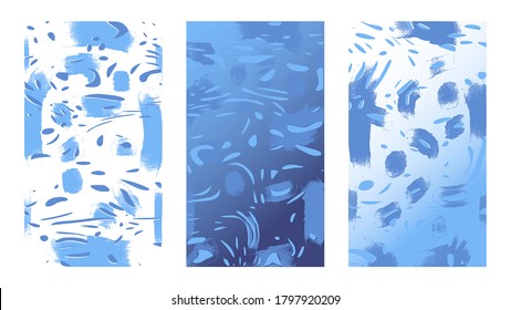 Artistic winter sketchy backgrounds. Deep ocean or snowy windows. Hand drawn vector illustration. Blue color, brush strokes on canvas and doodle lines, modern style paintings