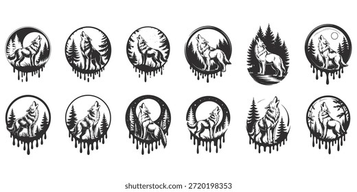 Artistic wolf howling at moon in forest, dripping ink effect, circular design, multiple variations.