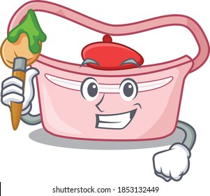 An artistic women waist bag artist mascot design paint using a brush
