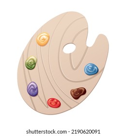 Artistic wooden palette with paints on a white background. Artist's tool, creative profession, hobby. vector icon