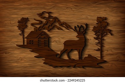 Artistic woodworking. Vector illustration of a landscape made of precious wood. Sketch for creativity.