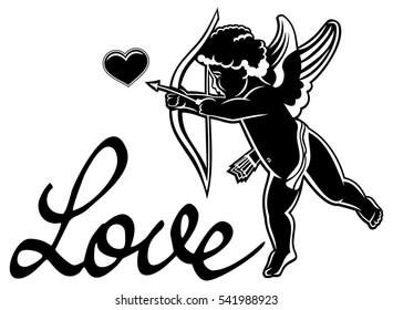 Artistic written single word "Love!" and Cupid hunting for hearts silhouette. Vector clip art.