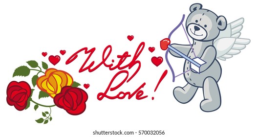 Artistic written text "With love!" and cute teddy bear looks like a Cupid. Vector clip art.