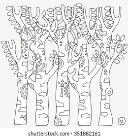 Artistically birch trees. Zentangle patterns. Sketch by trace. Hand-drawn tribal, ethnic, floral, retro, doodle, vector, design elements. Black and white. Pattern for coloring book.