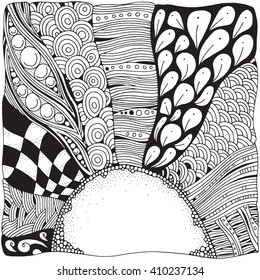 Artistically dawning. The Sun is rising.  Black and white monochrome pattern. Zentangle. Black and white pattern in vector. Doodle. Tribal. Hand-drawn. Coloring book page for adult.