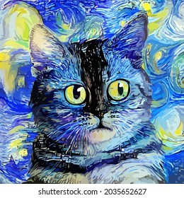 An artistically designed and digitally painted, abstract   portrait of a cute and fluffy cat.
