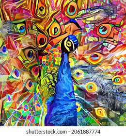 An artistically designed and digitally painted, abstract impressionist style portrait of a peacock bird.
