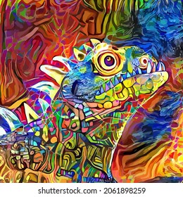 An artistically designed and digitally painted, abstract impressionist style portrait of a reptile monster.
