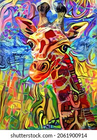 An artistically designed and digitally painted, abstract impressionist style portrait of a long necked giraffe.
